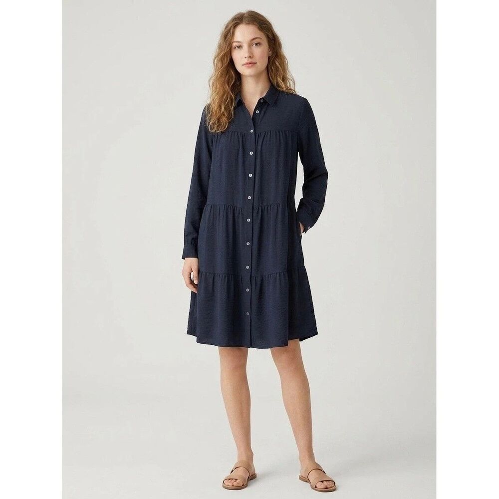 J Jill Women's XL Navy Blue Tiered Button Down Long Sleeve Shirt Flowy Dress